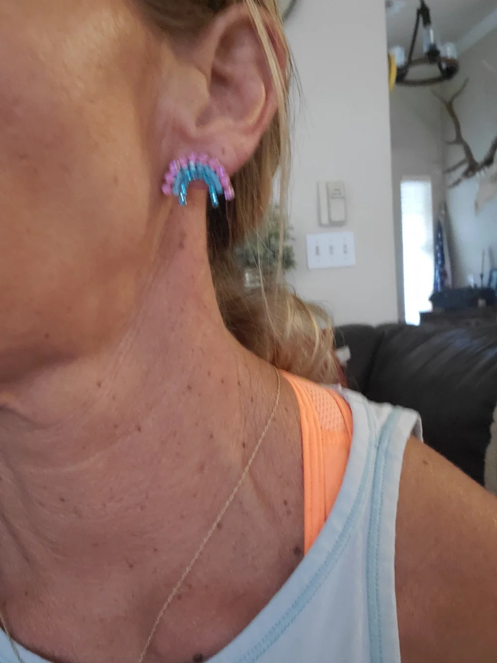 Beaded Rainbow Kids Earrings - Pink, Green, Blue & Silver Set Of 6